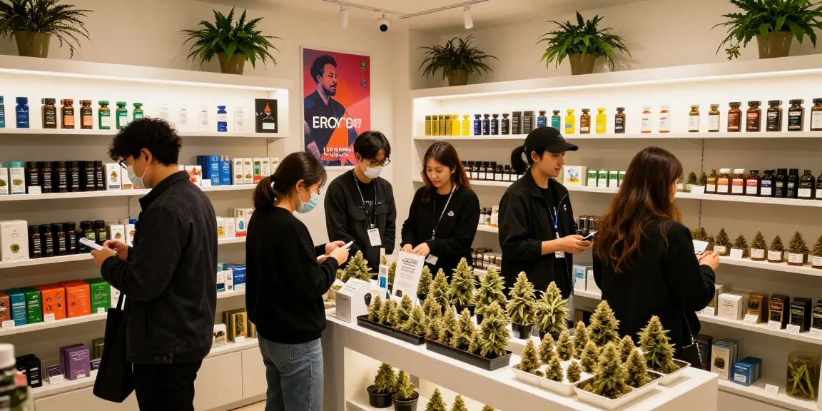 Seoul weed enthusiasts exploring a modern cannabis shop featuring diverse strains and products.