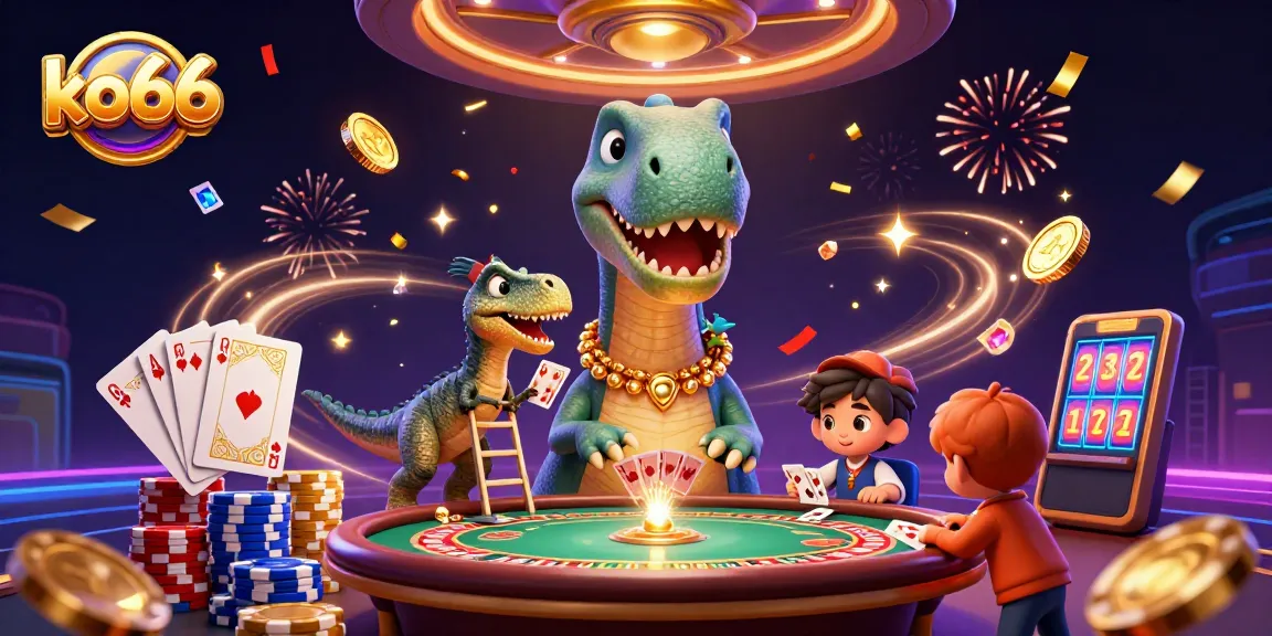 Experience thrilling wins at ko66 with a vibrant 3D casino scene featuring a brontosaurus and dynamic gaming elements.