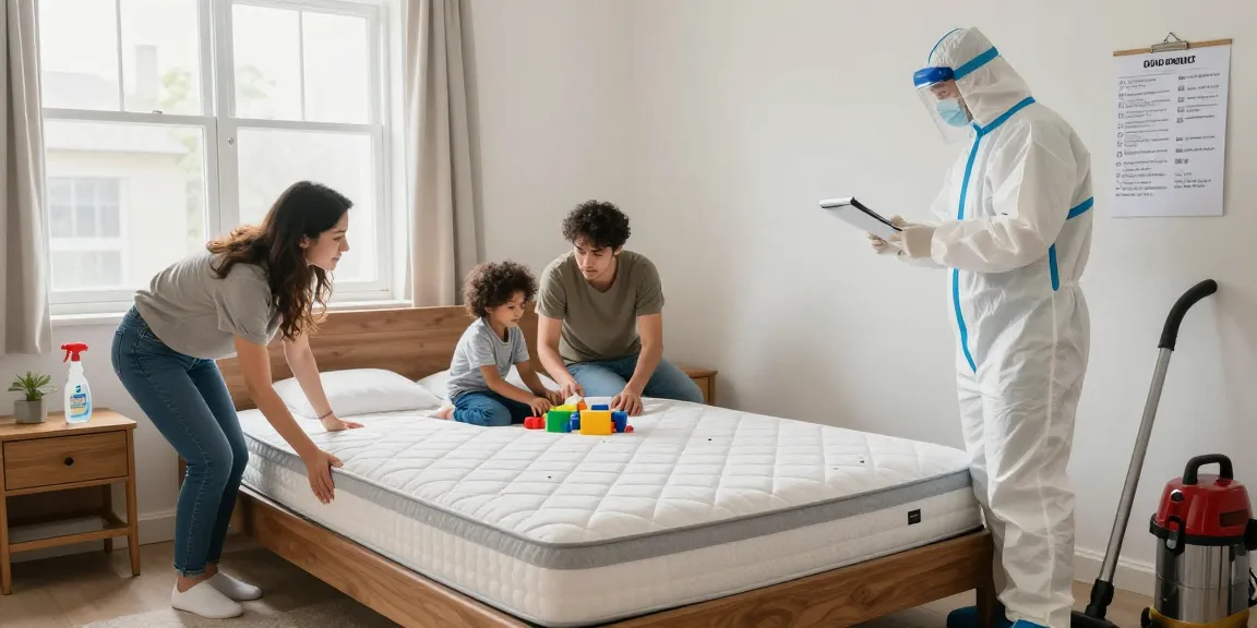 Family engaging in bed bug pest control inspection in a bright bedroom.