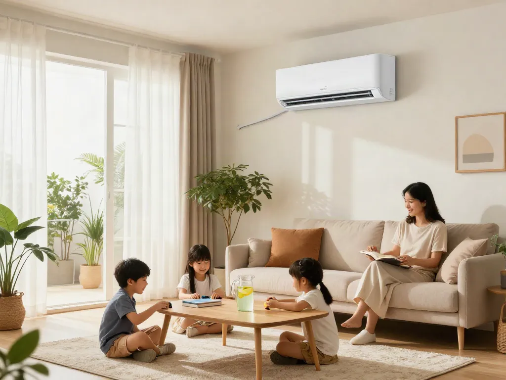 Cozy living room with a 2400 btu mini split air conditioner, providing comfort for a family.