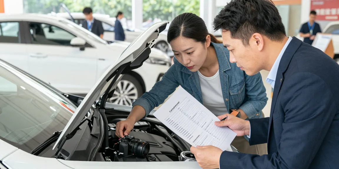 Couple using a car check UK report to evaluate a vehicle's history and condition.