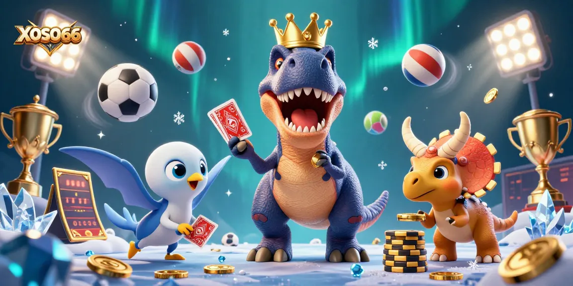 Experience thrilling gambling at XOSO66 with cheerful characters amidst dynamic sports elements.