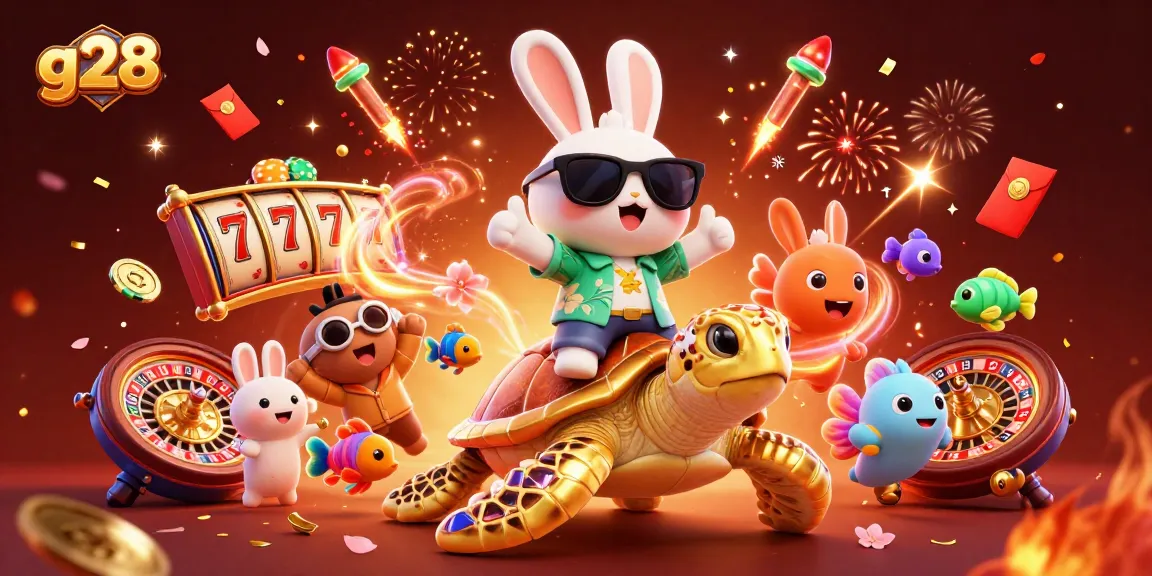 g28 offers thrilling gaming action with a lucky rabbit and a golden sea turtle in a vibrant casino scene.