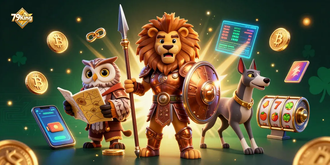 79king showcases a vibrant 3D casino scene featuring a Spartan lion, owl strategist, and greyhound with slot machines and crypto elements.