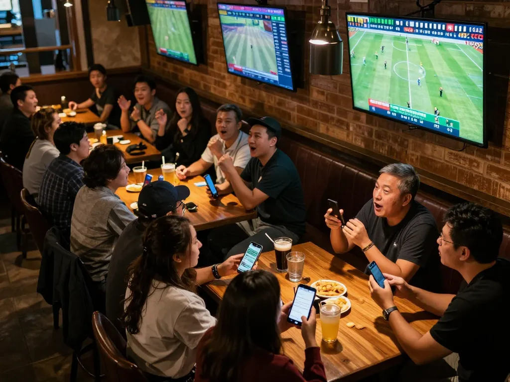 Fans intensely studying keo nha cai 5 during an exciting live football match at a vibrant sports bar.