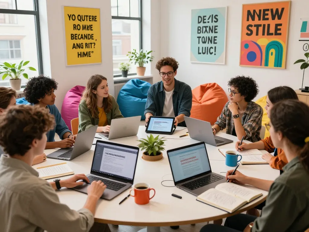 Creative team discussing NSFW content ideas in a vibrant urban workspace.