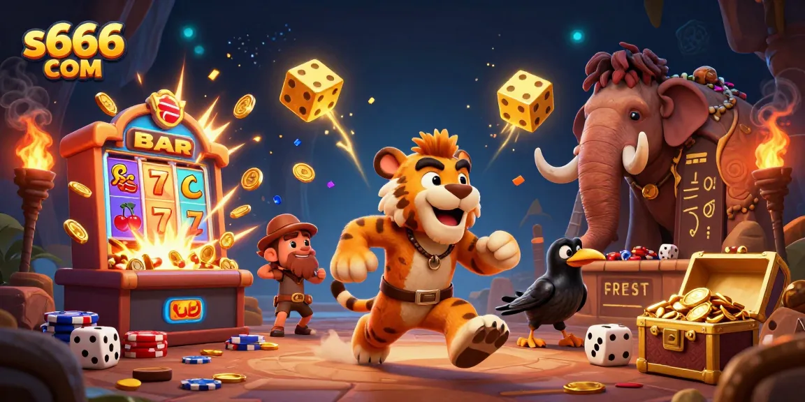Experience the thrill at s666 com with a lively 3D casino illustration showcasing jackpots and playful characters.