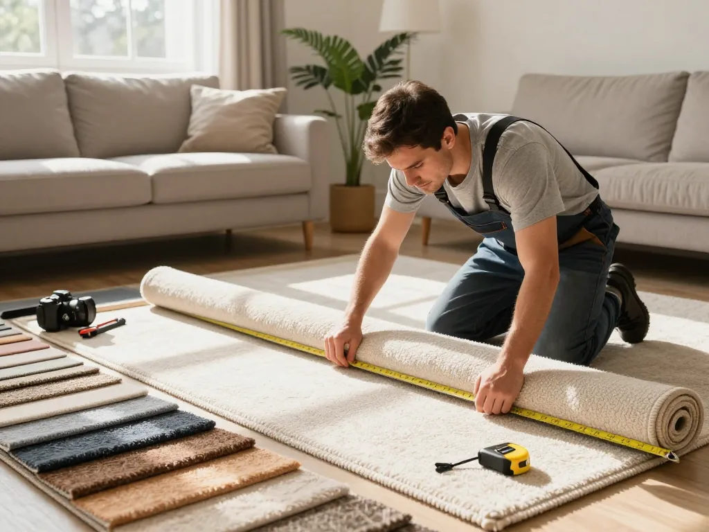 Expert home carpet fitting services in progress, showcasing professional installer measuring carpet in a bright living area with samples.