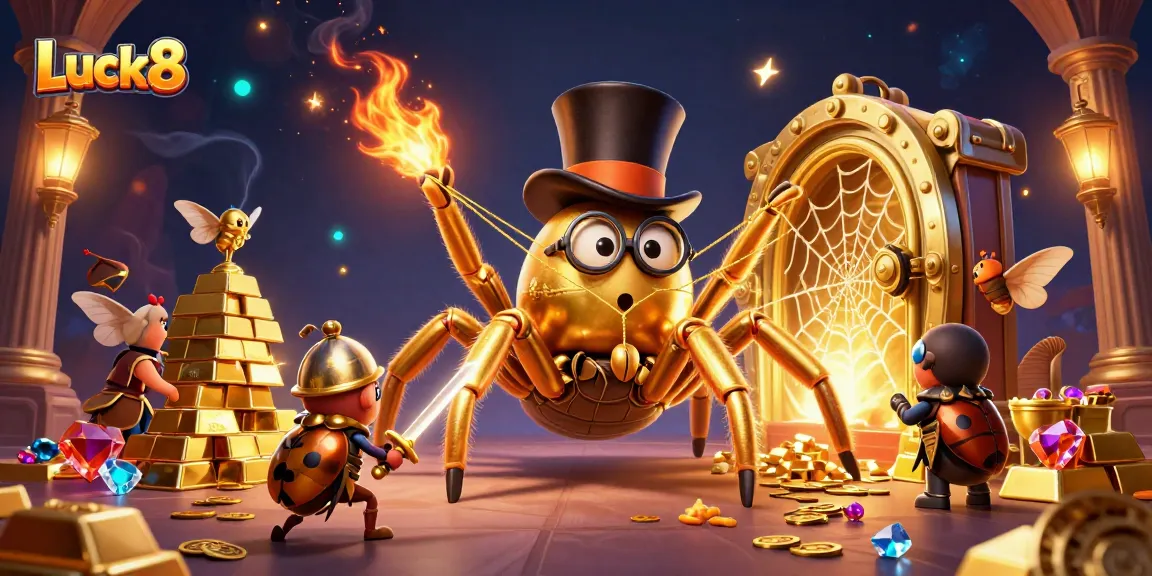 Luck8 entices players with an adventurous scene of a golden tarantula and beetle knight amid dazzling casino treasures.