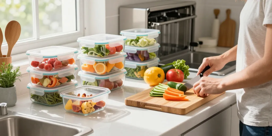 Food storage containers organized on a kitchen counter, showcasing meal prep ingredients in a bright, inviting culinary space.