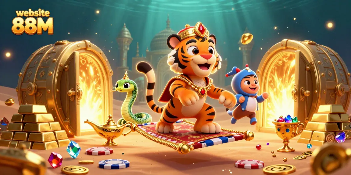 Engage in thrilling gaming adventures on the website 88M, featuring vibrant casino characters and spectacular treasures.
