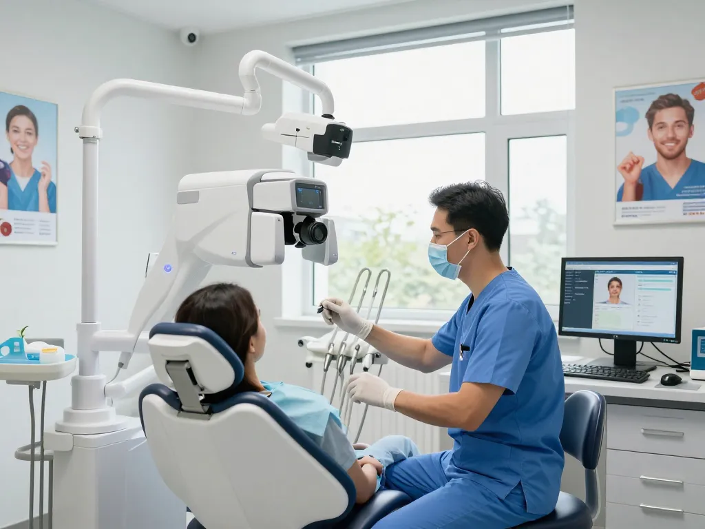 Dentists news in a modern dental office with advanced imaging equipment and compassionate patient interaction.