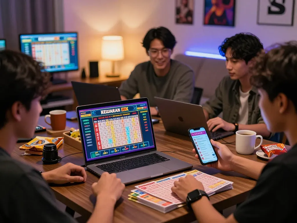 Kegembiraan Keluaran HK Lotto dengan pemain yang memeriksa hasil undian langsung di laptop dan smartphone dalam lingkungan taruhan yang dinamis.