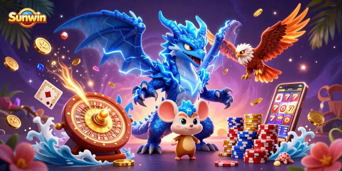 Experience thrilling gameplay at Sunwin with a vibrant illustration featuring casino elements and a dynamic atmosphere.