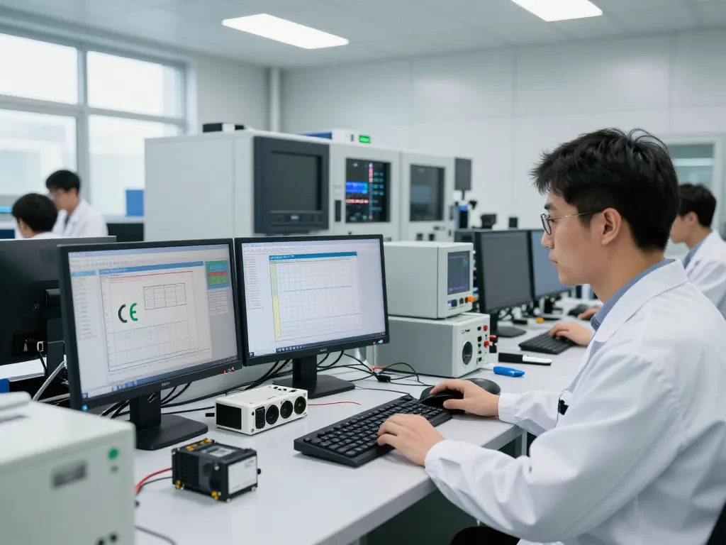 Engineers conducting advanced EMC compliance testing for CE marking in a high-tech lab.