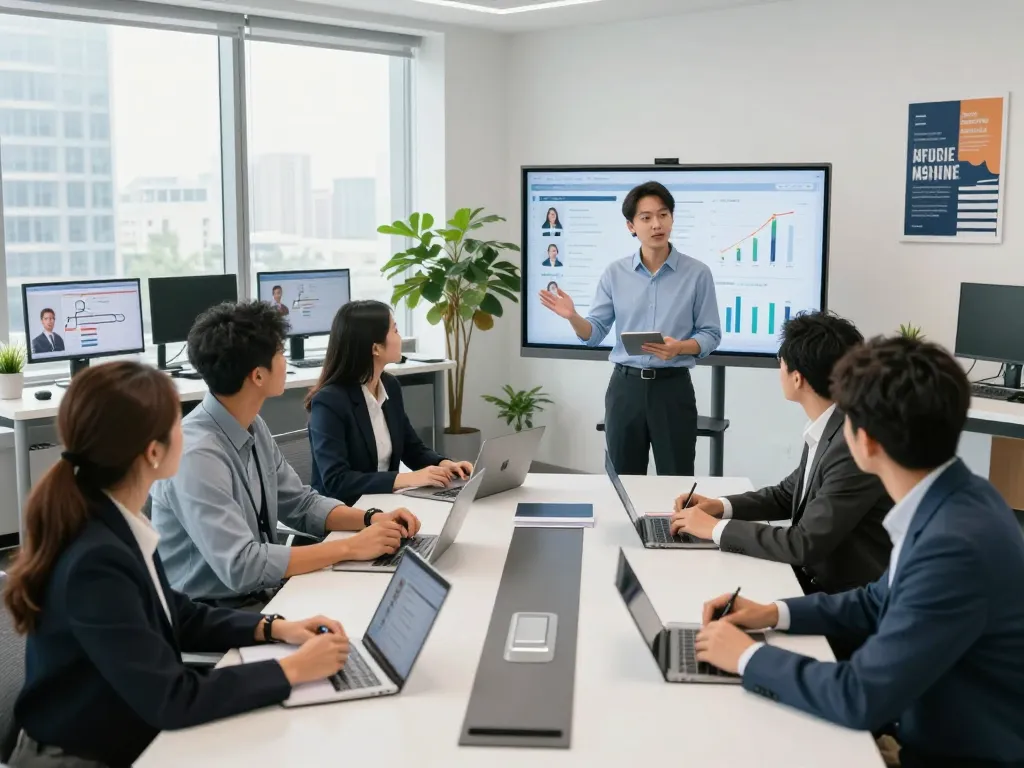 Recruiters collaborating in a modern office showcasing effective search firms strategies and candidate analytics.