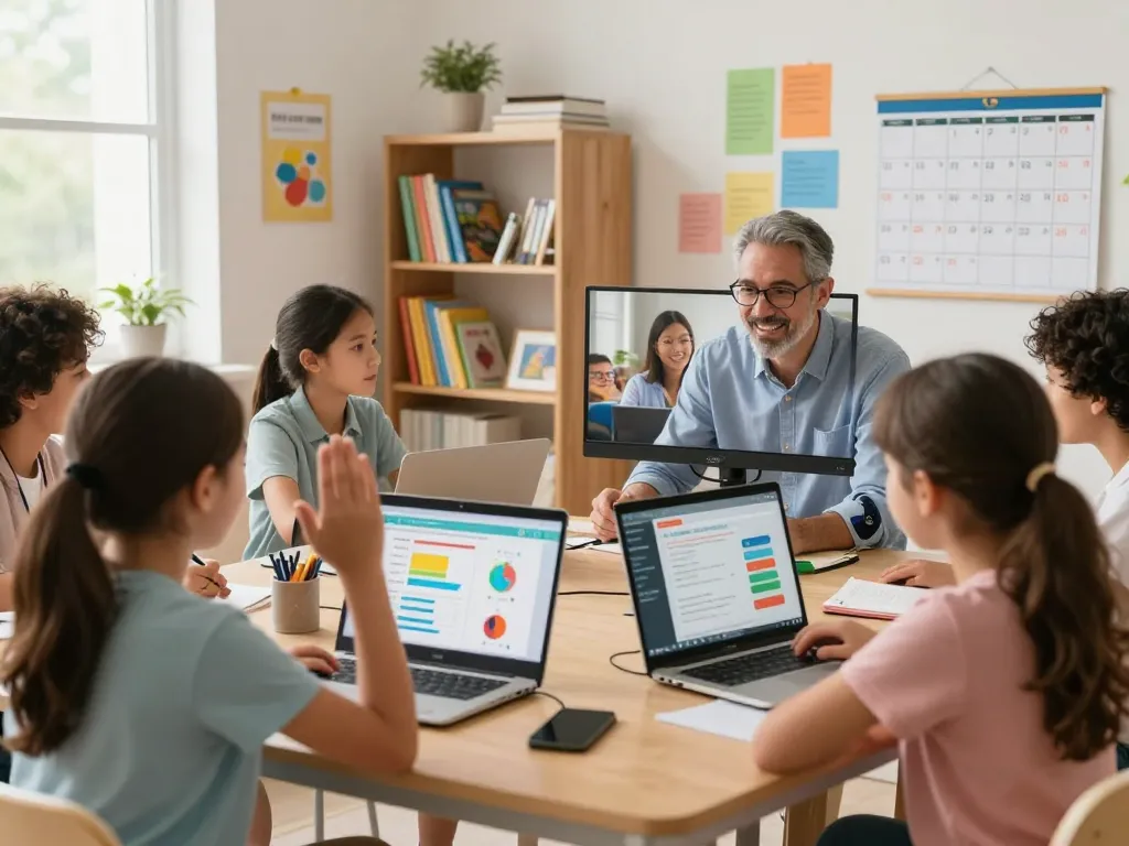 Students participating in online tuition in the UK with an expert tutor in a vibrant virtual classroom.