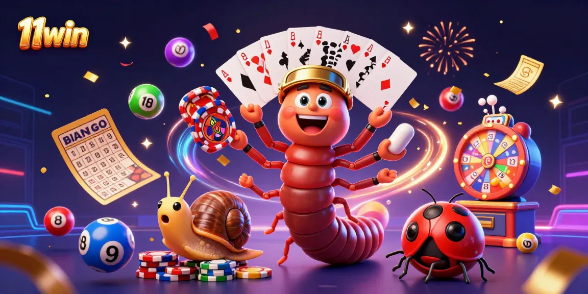 11win promo featuring a lively casino scene with a millipede dealer and high-roller snail.