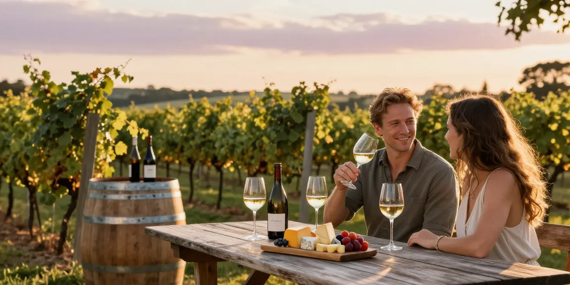 A couple enjoying Long Island wines at a vineyard with cheese and fruit platter, sunny outdoor atmosphere.