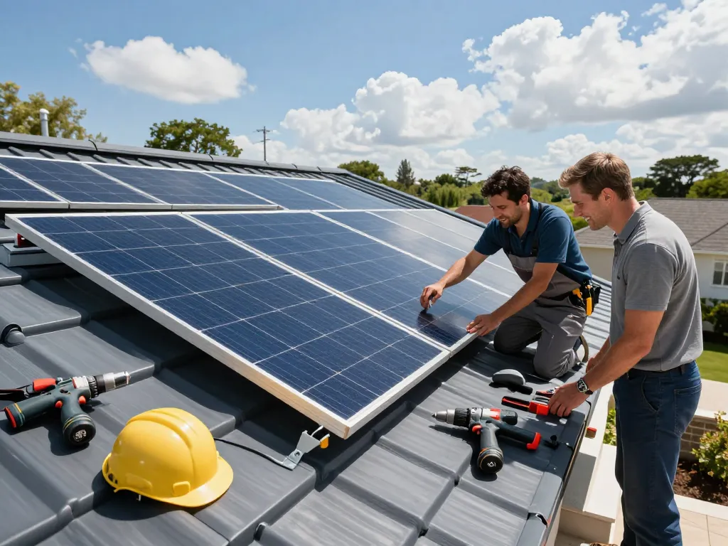 Technician installing módulos fotovoltaicos LONGi on a modern roof, showcasing renewable energy.