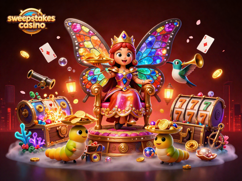Experience the vibrant excitement of sweepstakes casino with enchanting characters and dynamic game elements.