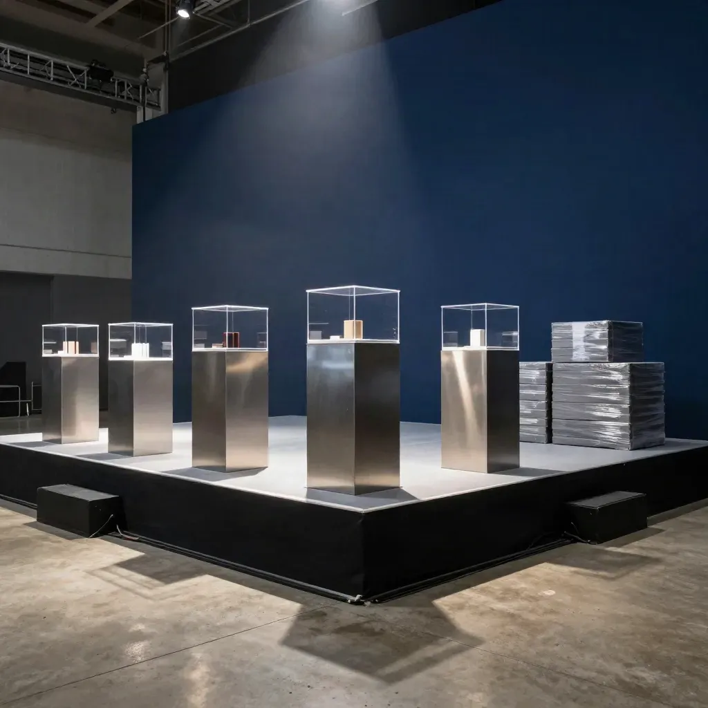 Low-lit product launch stage with acrylic plinths, navy backdrop, and haze.
