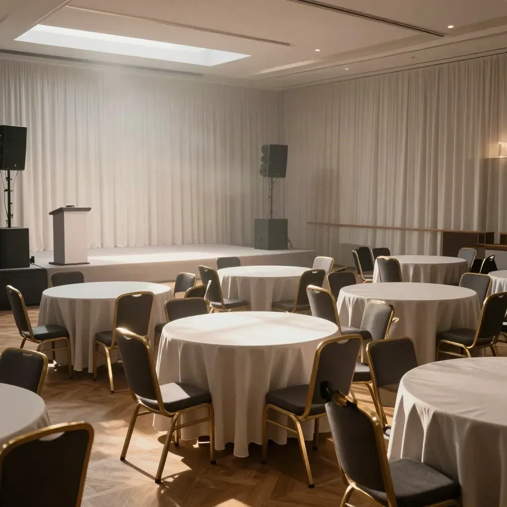 Empty corporate conference ballroom dressed for opening, with tables, stage, chairs and soft morning haze.