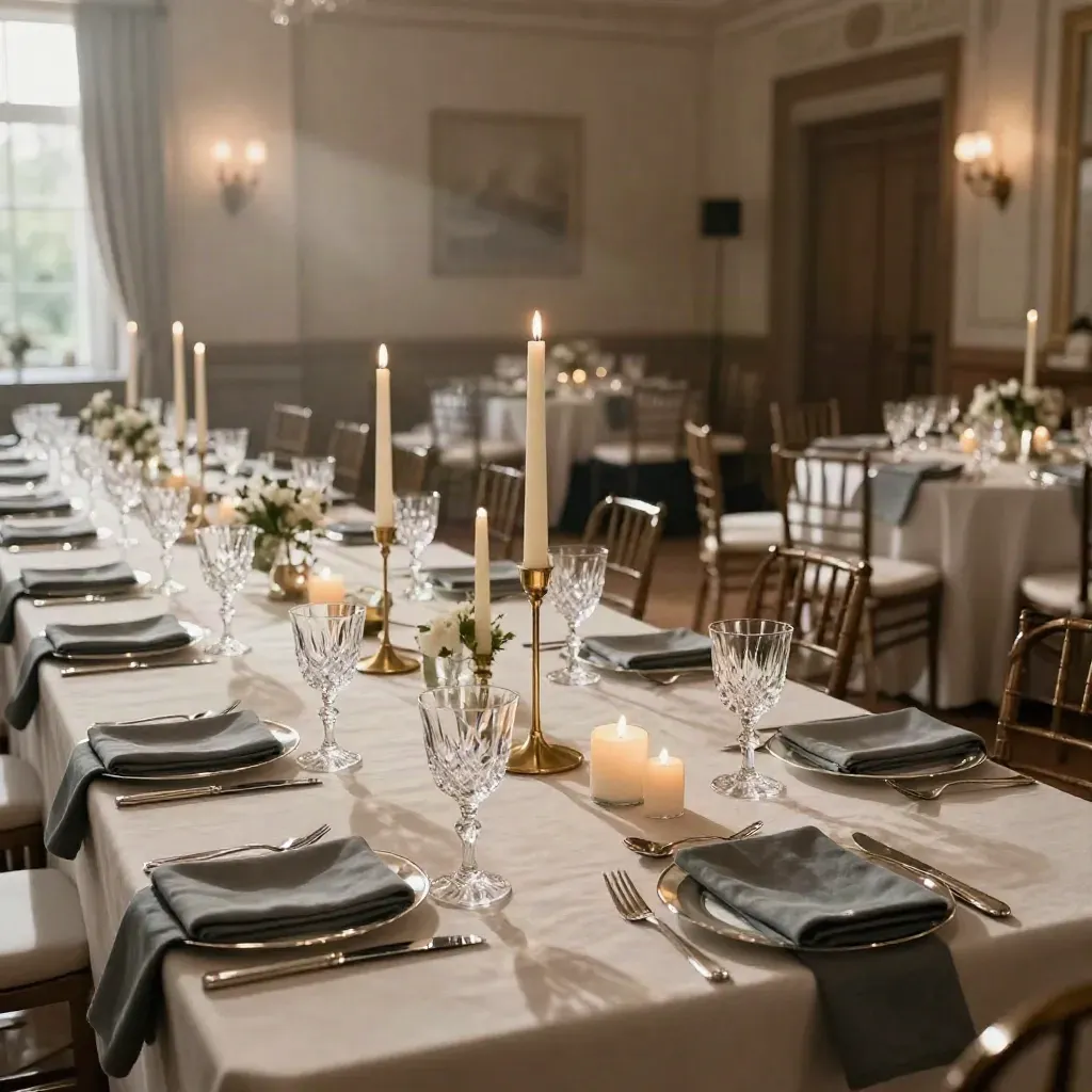 Candlelit gala ballroom with mirrored chargers, crystal glassware, and a small performance riser