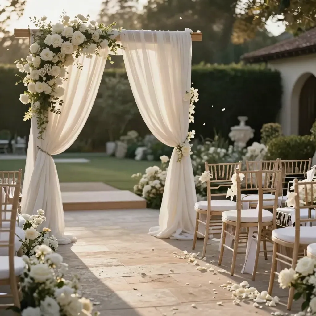 Sunlit wedding aisle with ivory florals, pale wood chairs and linen arch