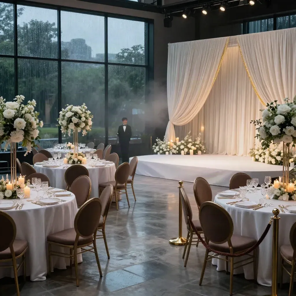 Elegant black-tie ballroom setup at blue hour with candles, florals, and a low stage.