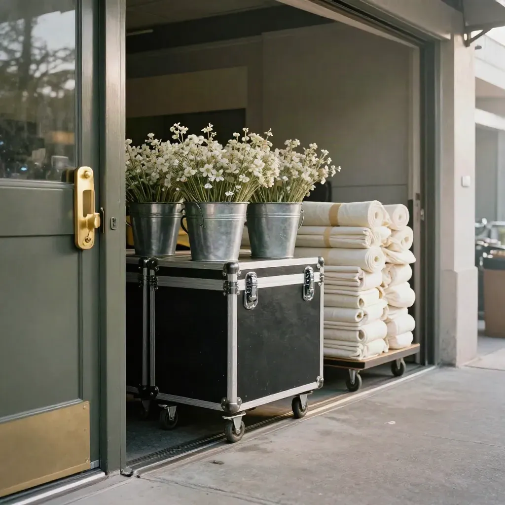 Rental carts, floral buckets, linen rolls, and transport cases at a venue service entrance in morning mist.