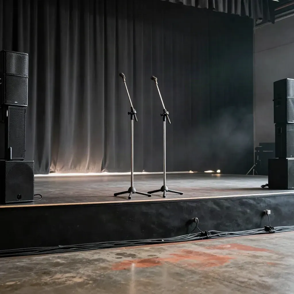 Dark AV stage with twin mic stands, speaker towers, cable runs, and a blank drape wash.