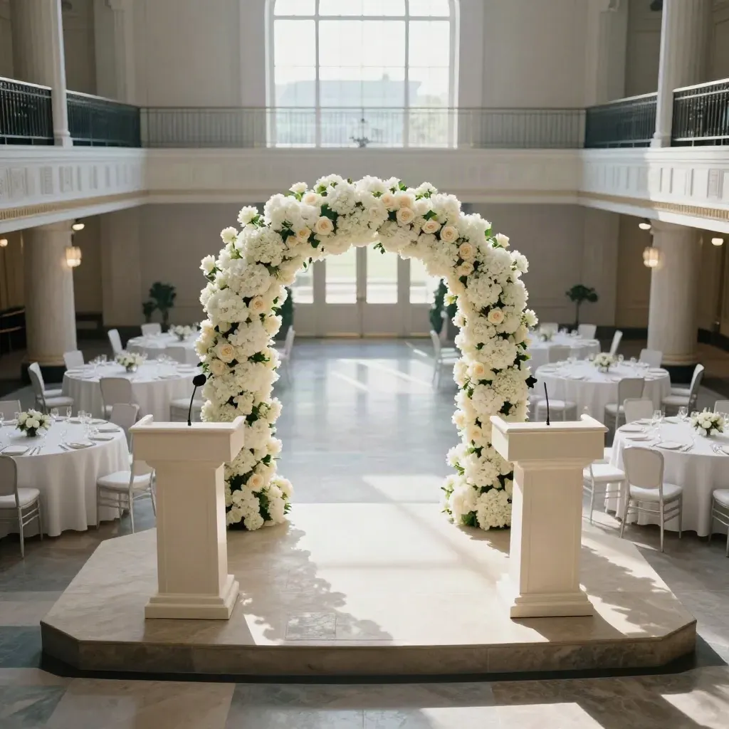 Empty DC summit ballroom set with ivory lecterns, floral towers, and pearl-white tables