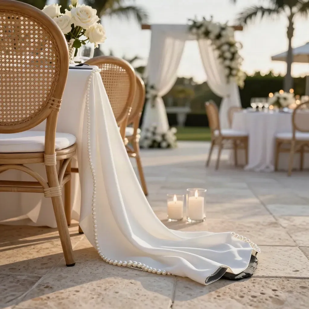 Macro of Palm Beach wedding terrace details with cane weave, white florals, and candlelit tables.