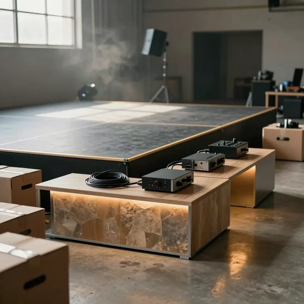 Austin launch venue stage, demo tables, crates, and warm power glow on concrete floor.