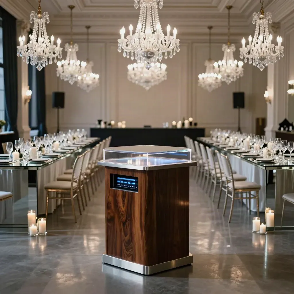 Empty New York gala ballroom with mirrored tables, chandeliers, auction podium, and AV glow.