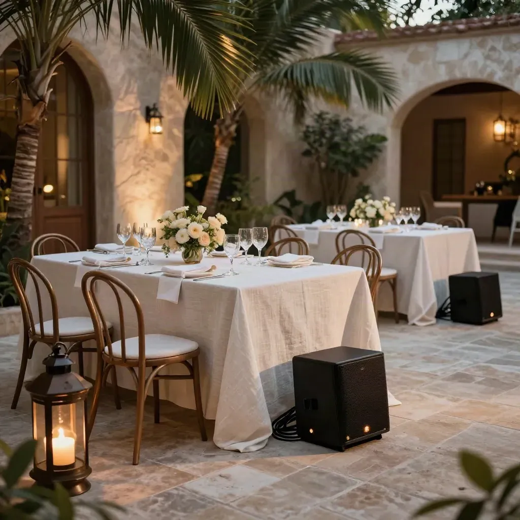 Finished Miami courtyard party setup with linen tables, palms, and a band riser at night