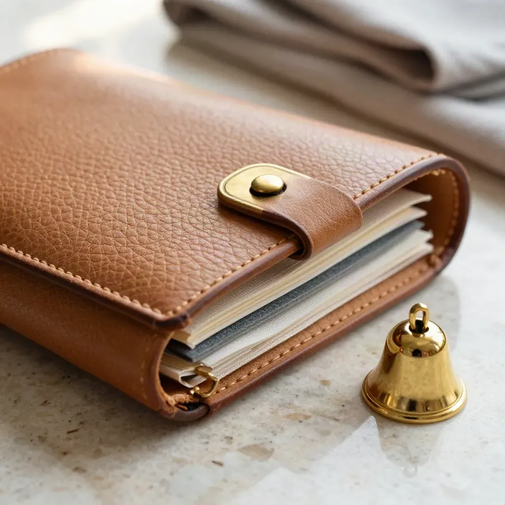 Macro of a worn leather planner folio with linen swatches and a tiny gold bell on travertine