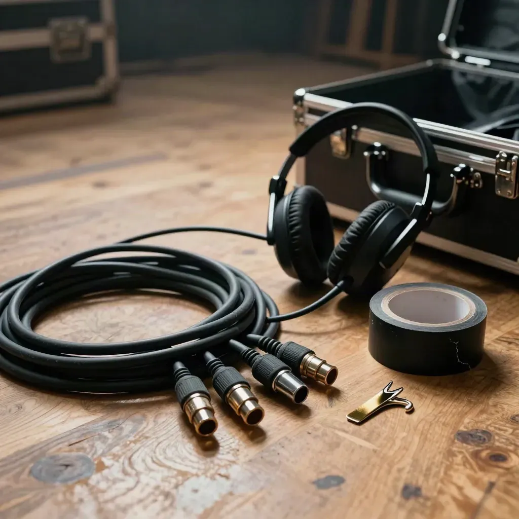 Backstage event gear: XLR cables, headset, gaffer tape and a stage clip on a road case.
