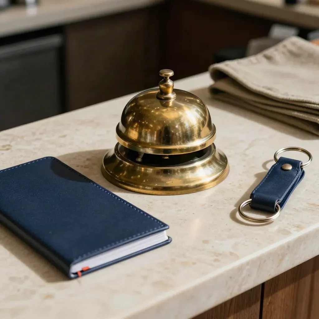 Brass bell, navy key fobs, and a closed client notebook on a stone concierge counter.