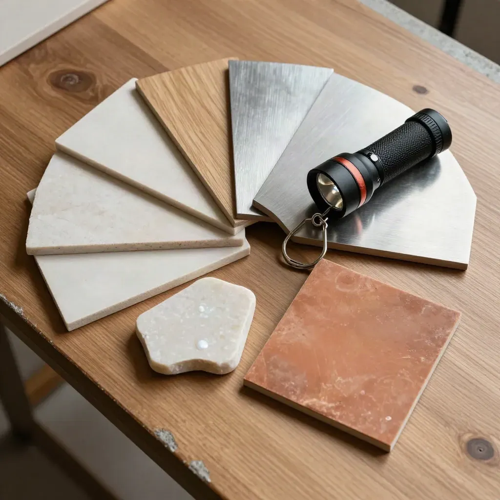 Overhead finish swatches, flashlight and key ring on an oak workbench.