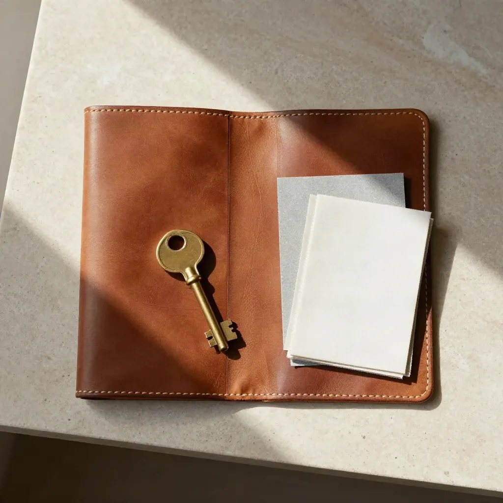 Leather planning folio, brass key, and material swatches on a limestone surface.