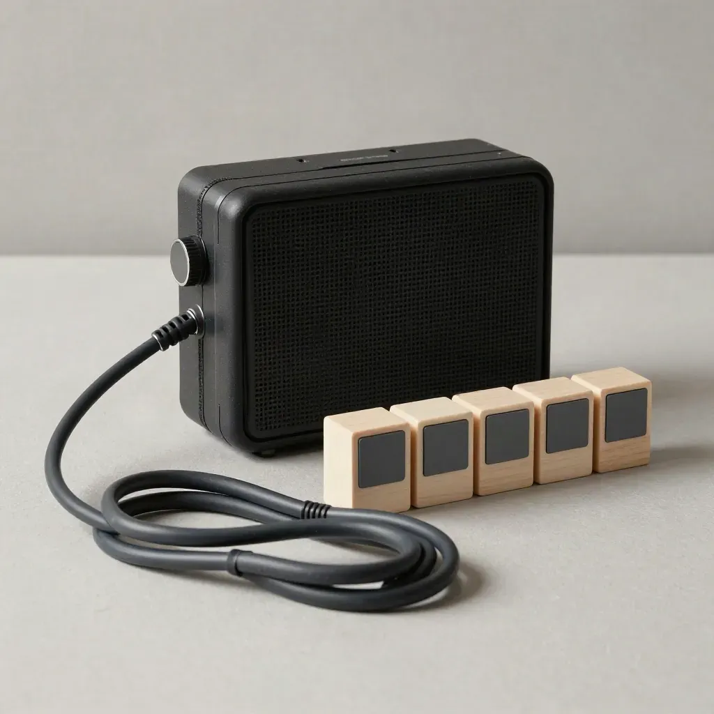 Black radio pack, coiled cable, and timing blocks on pale ash wood with soft light.