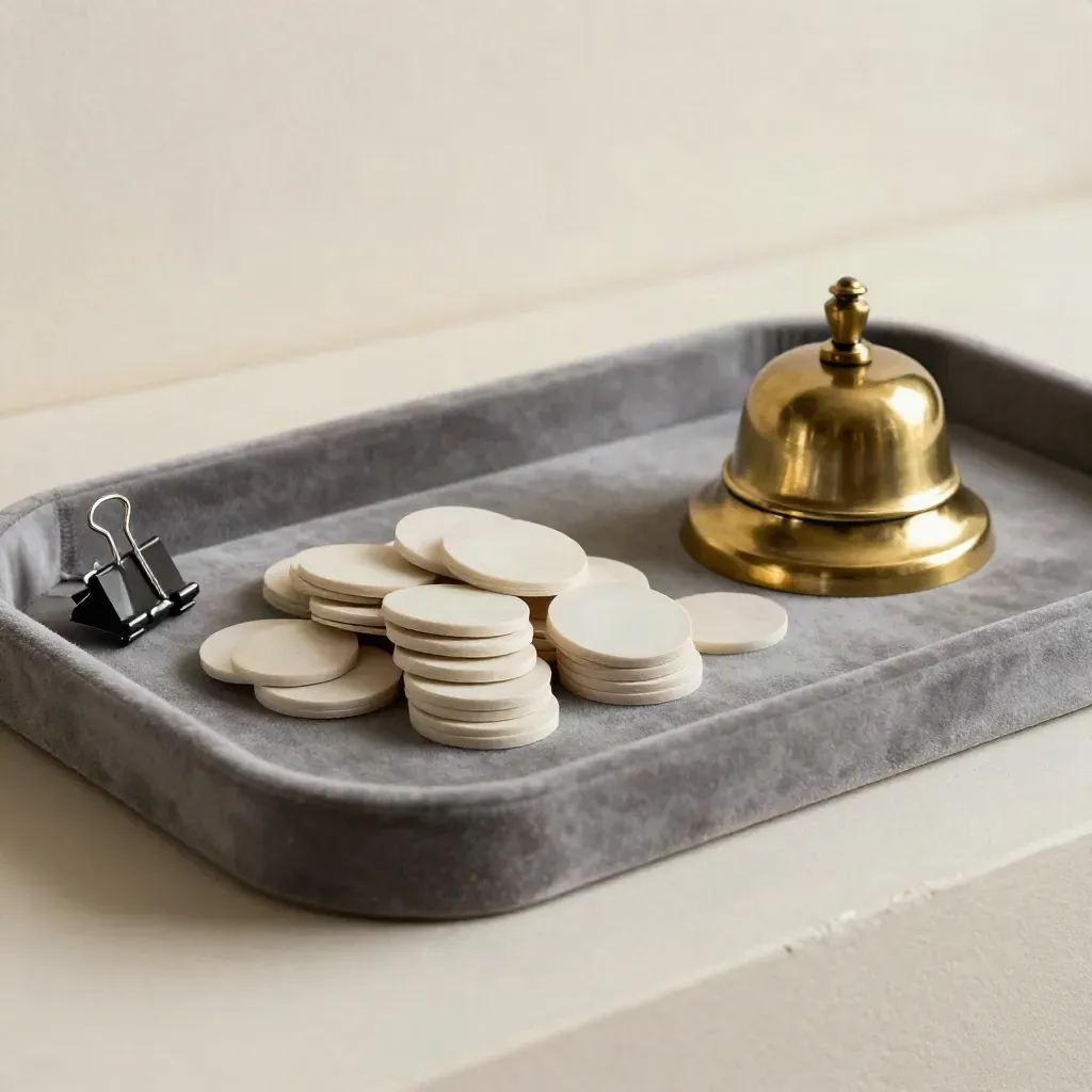 Velvet tray with vendor tokens, binder clips, and a brass bell on a plaster sweep.