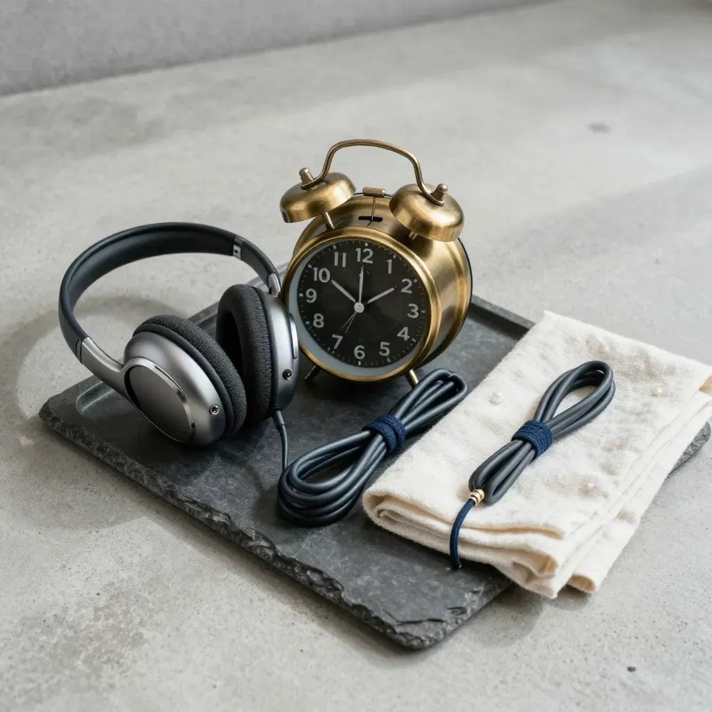 Brass clock, headset, and coiled cable on a stone tray with folded cloth.
