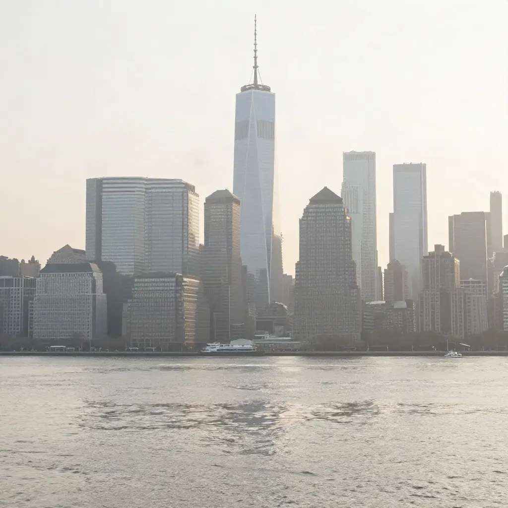 Hazy Manhattan skyline above calm Hudson River with faint ferry wakes at sunset.