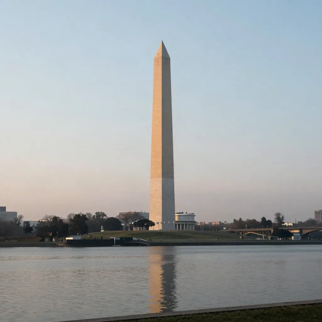 Washington Monument glowing over the Potomac in soft golden dawn haze