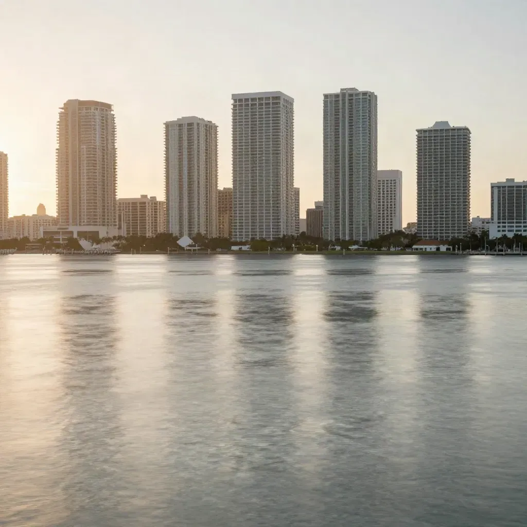 Miami skyline across hazy Biscayne Bay at dawn, calm water below and pastel towers above