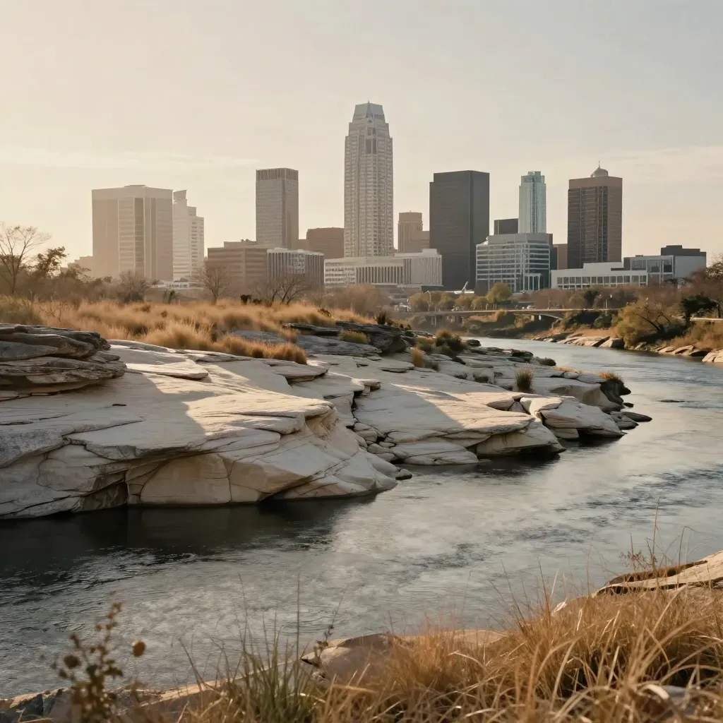 A hazy Austin skyline above a limestone river edge and calm prairie foreground.