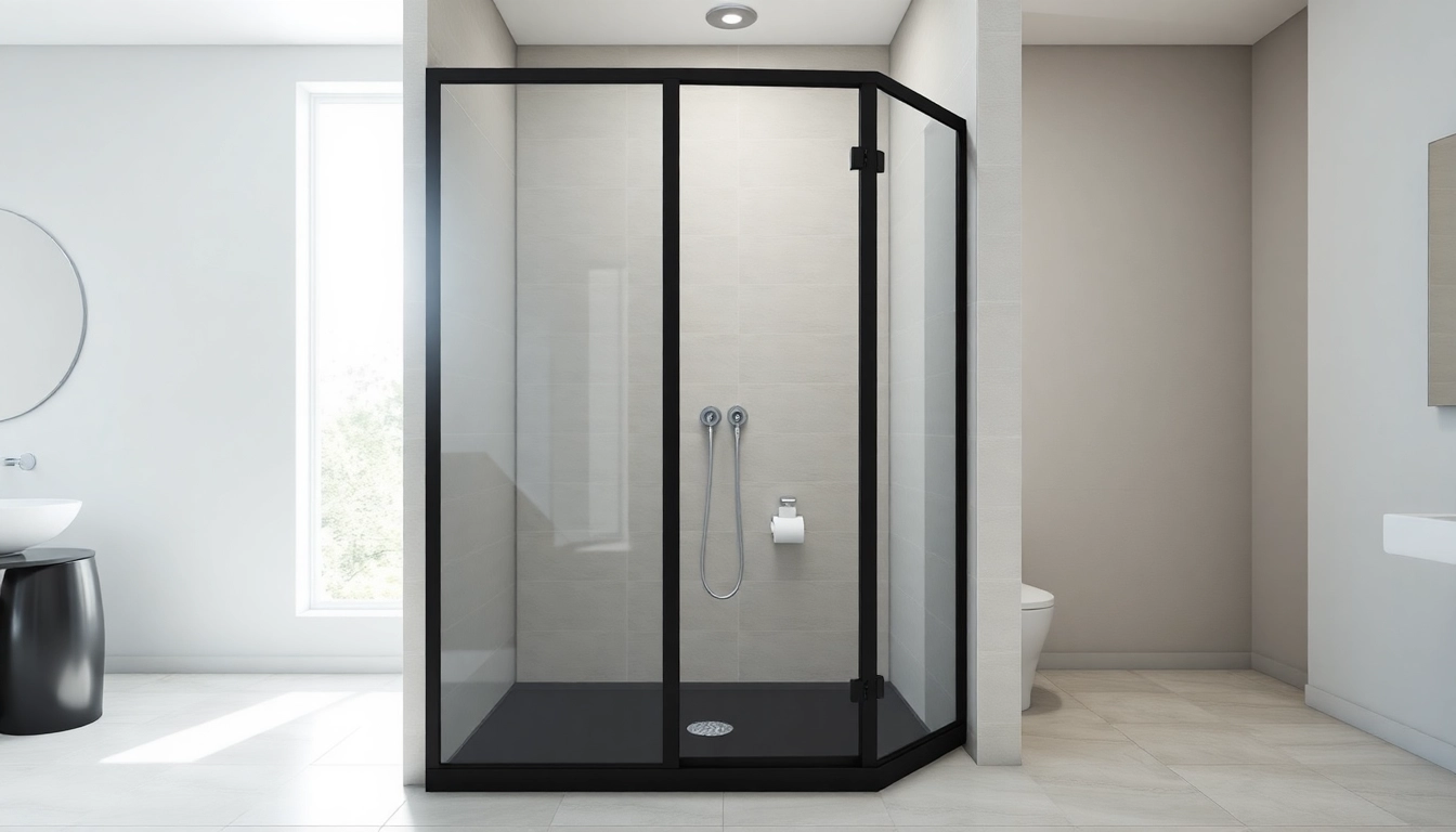 Stylish black shower door elegantly showcased in a modern bathroom environment.